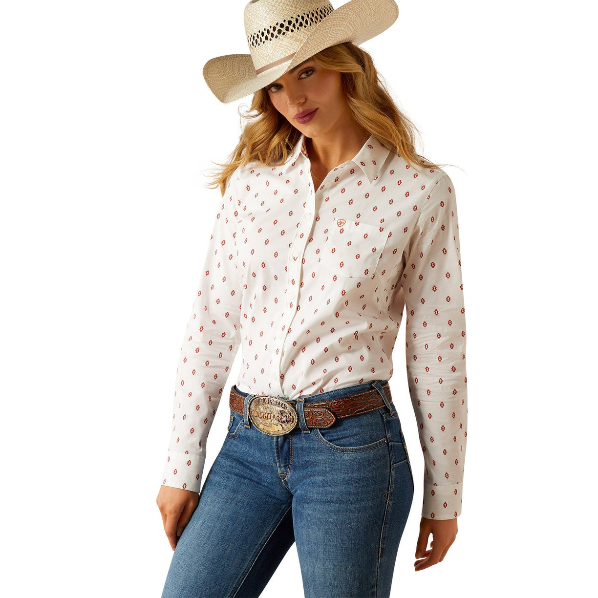Woman wearing a white patterned shirt, blue jeans, and a cowboy hat on a white background