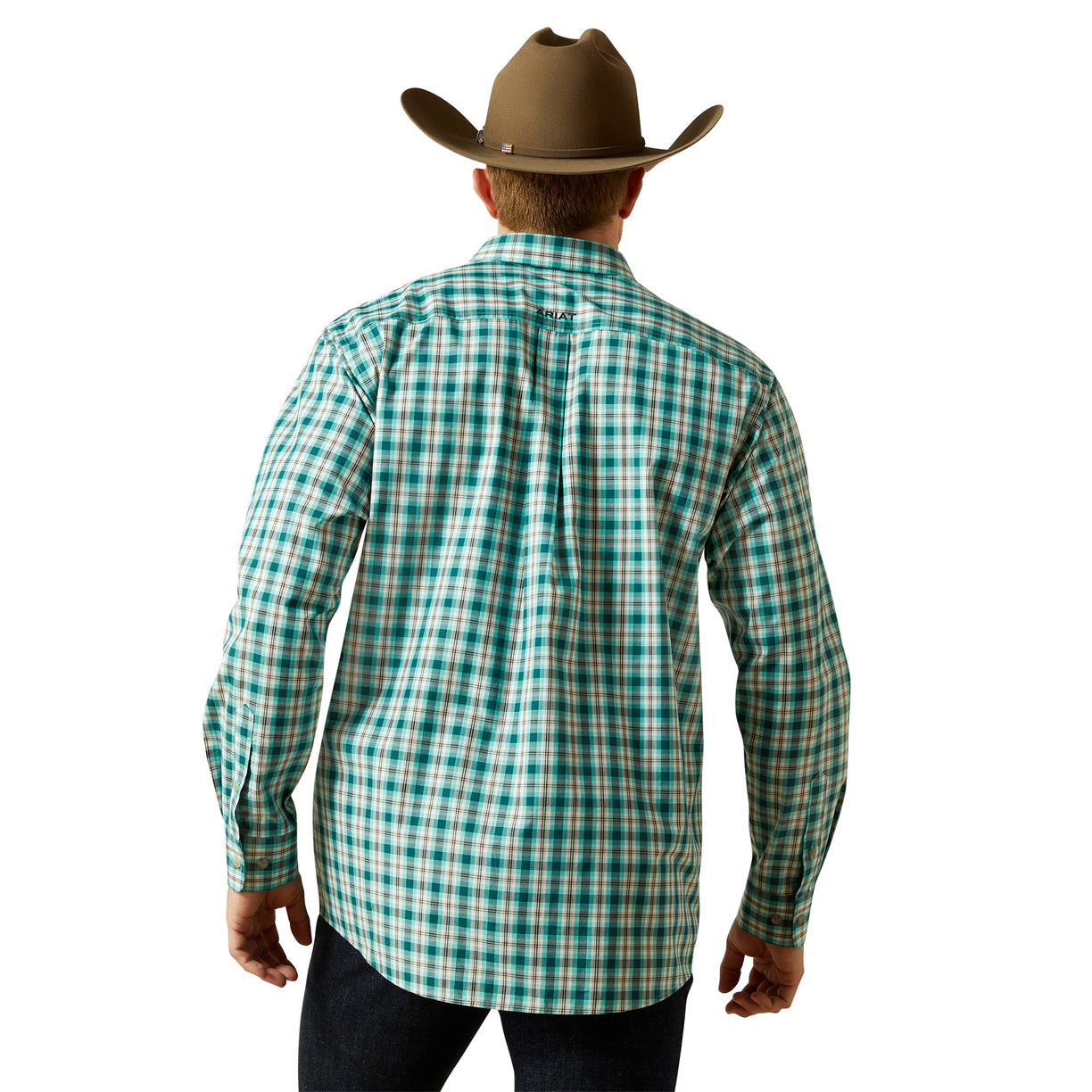 Person wearing a green and white checkered shirt with a brown cowboy hat on a white background