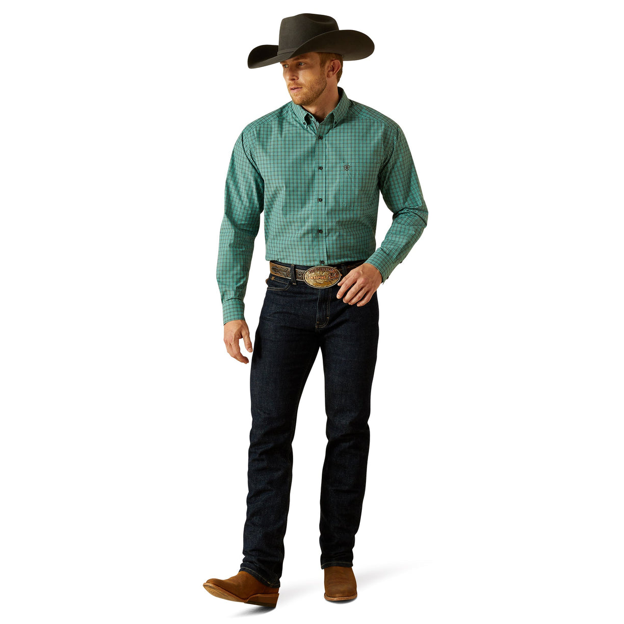 Man wearing a green checkered shirt, black cowboy hat, and dark jeans on a white background