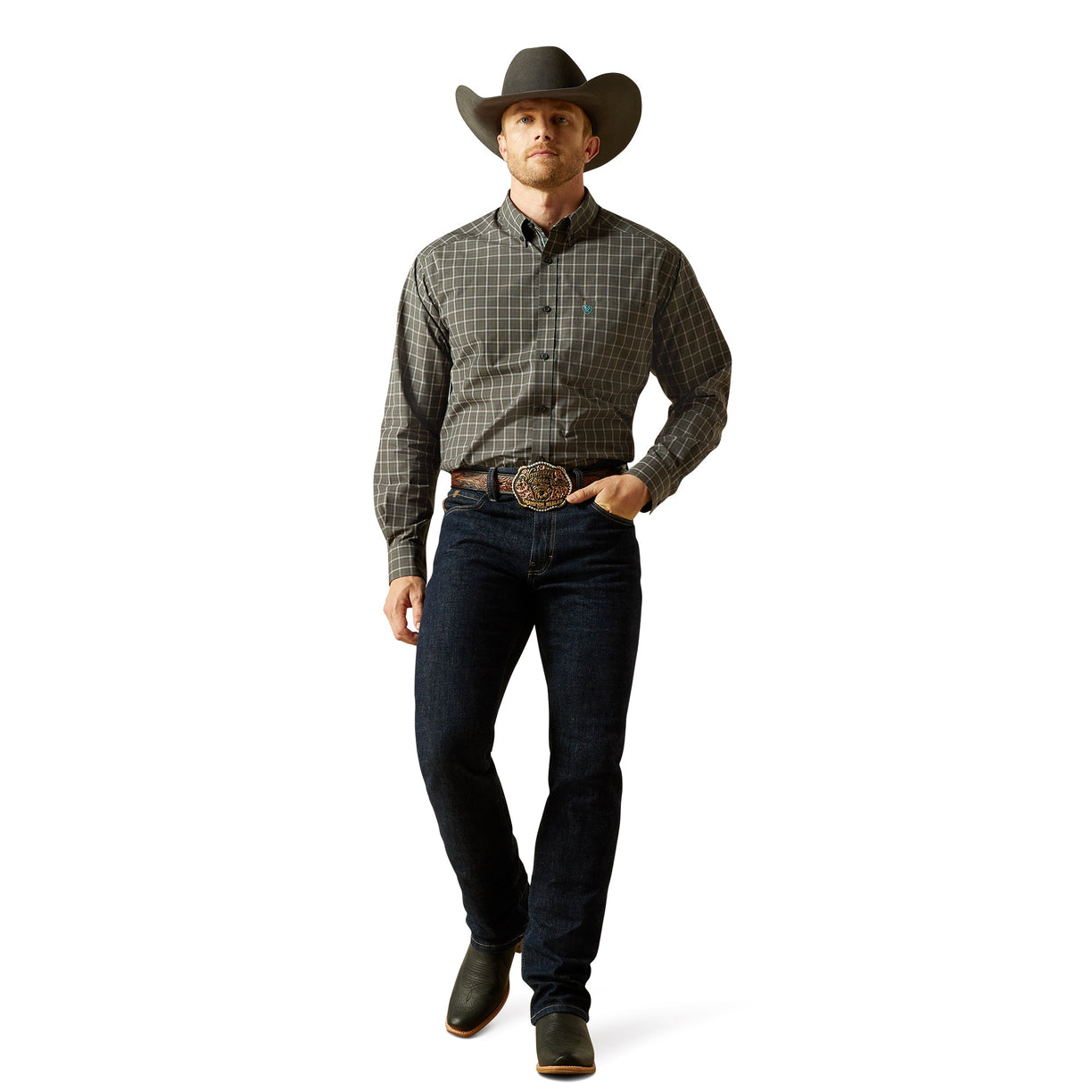 Man wearing a plaid shirt, jeans, and a cowboy hat on a white background