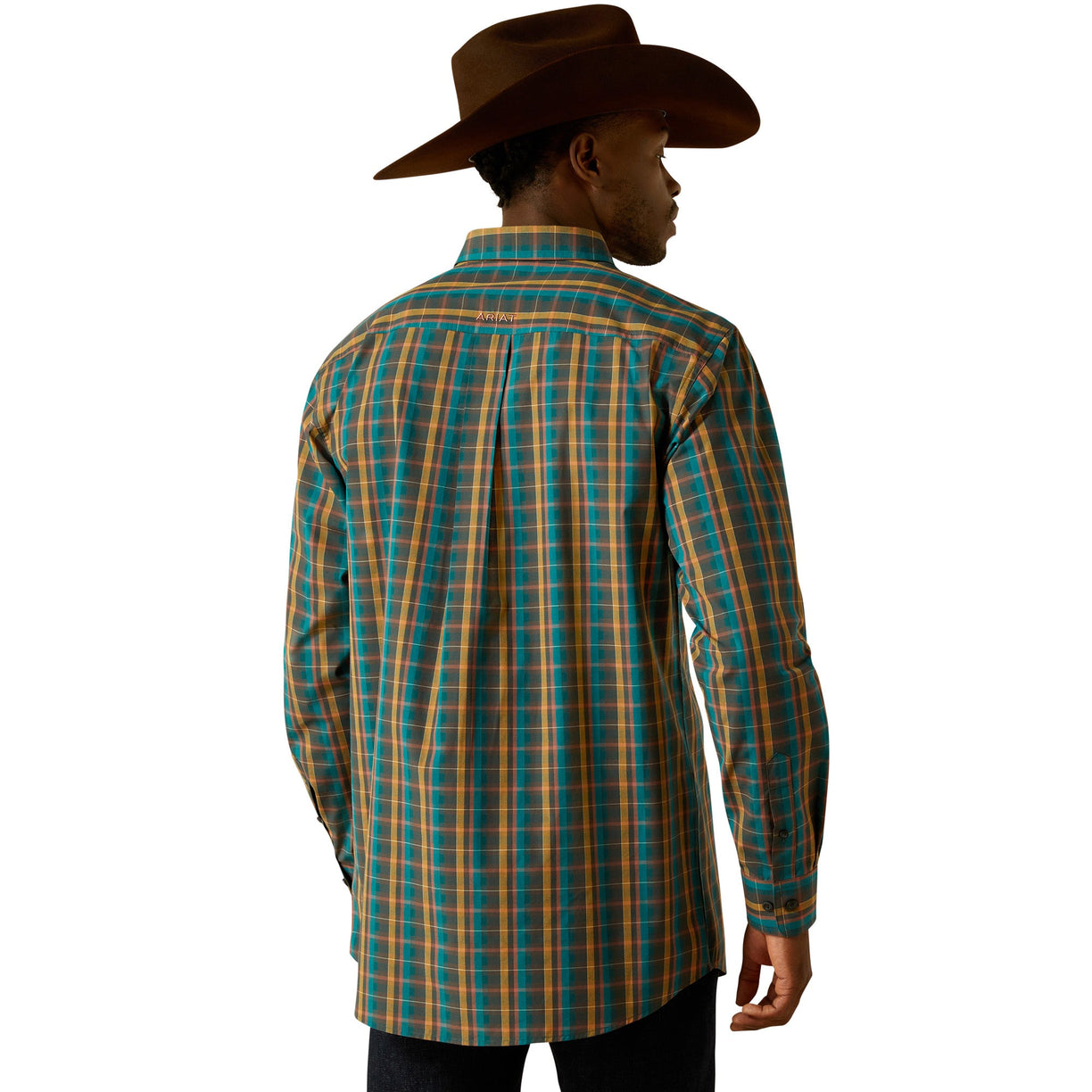 Person wearing a plaid shirt and cowboy hat on a white background