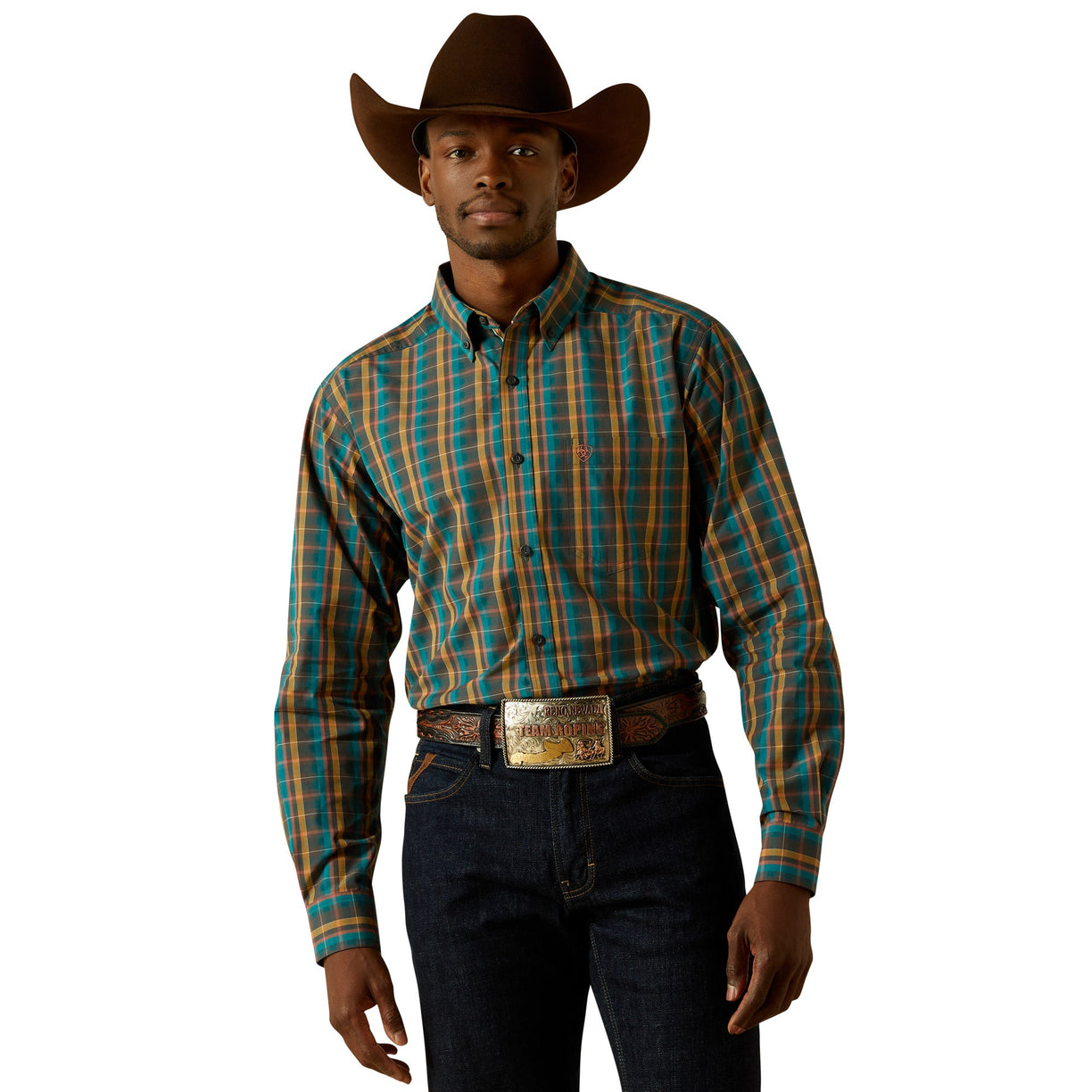 Man wearing a plaid shirt, jeans, and a cowboy hat on a white background