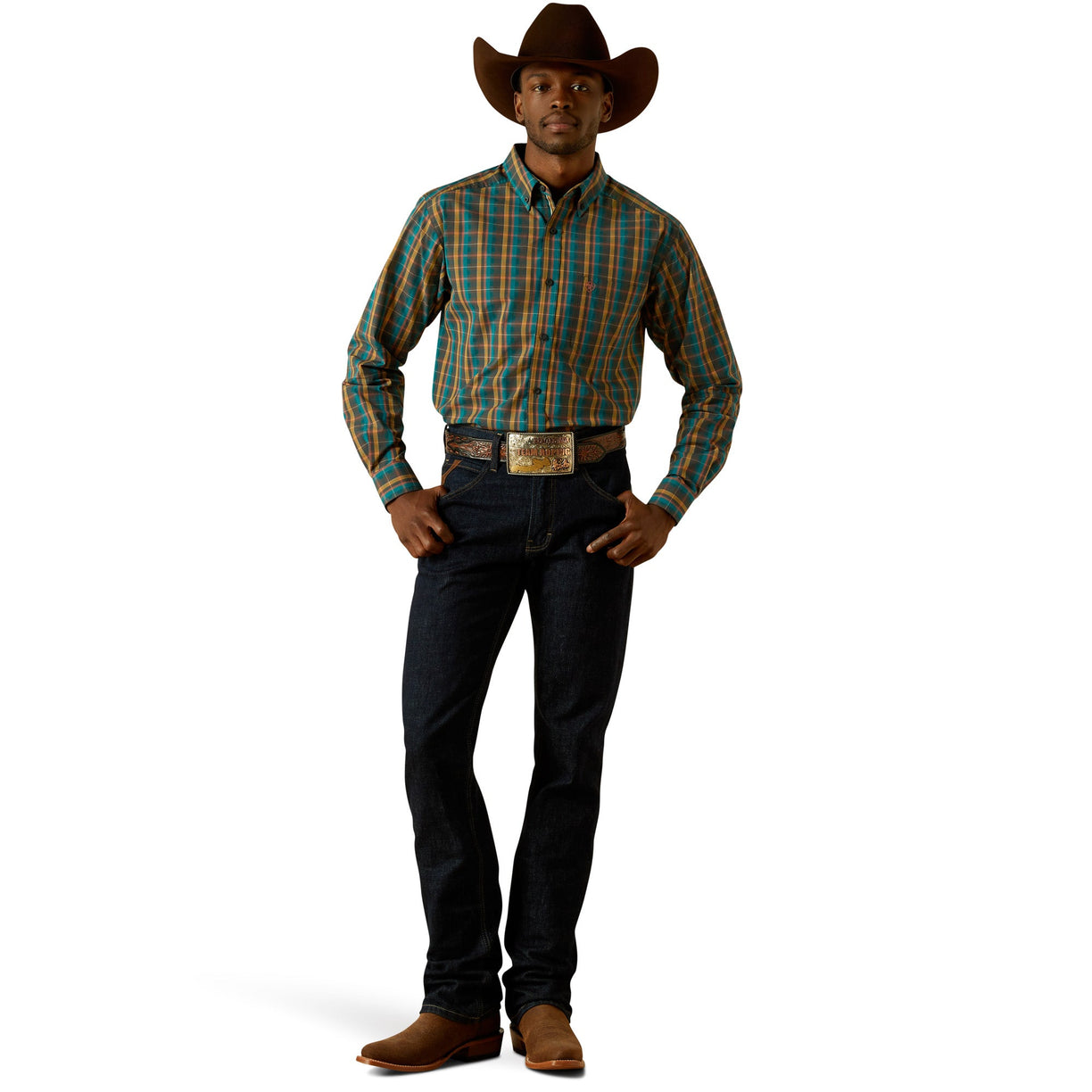Man wearing a plaid shirt, jeans, and cowboy hat on a white background