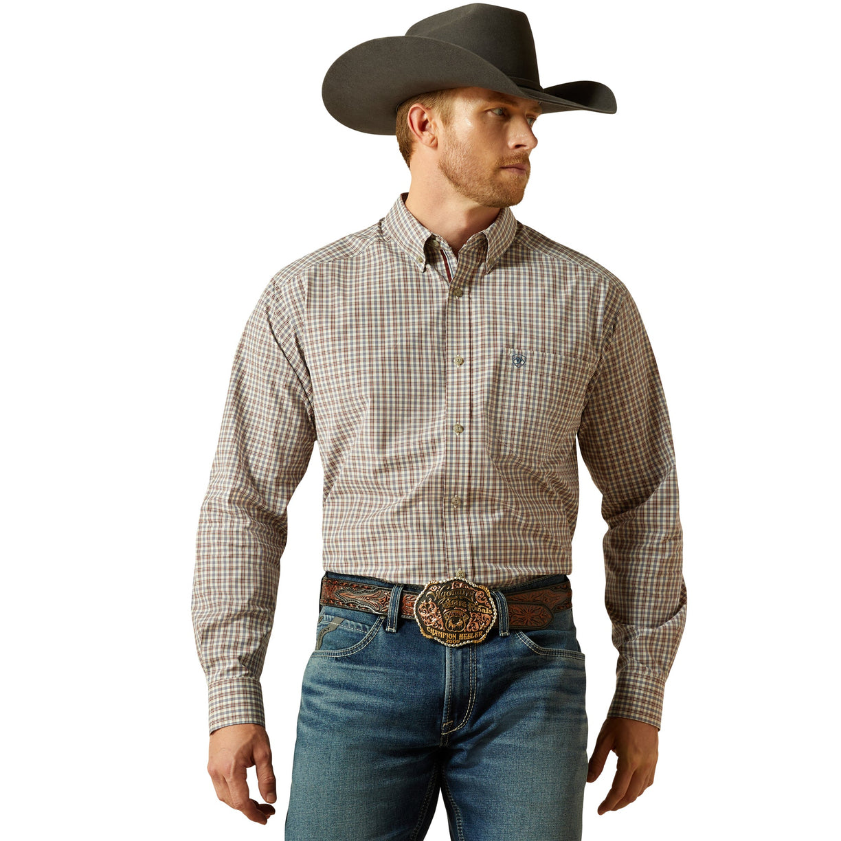 Man wearing a plaid shirt, jeans, and a cowboy hat on a white background