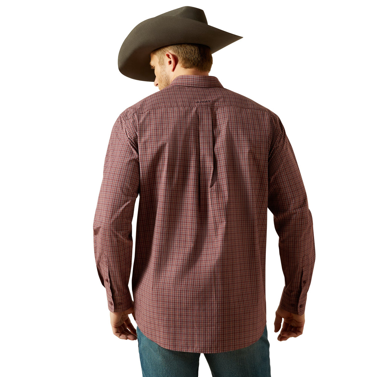 Man wearing a brown checkered shirt and cowboy hat on a white background