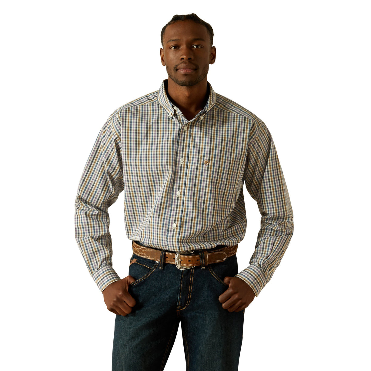 Man wearing a plaid shirt and jeans on a white background