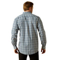 Man wearing a blue and white checkered shirt on a white background