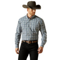 Man wearing a plaid shirt, black pants, and a cowboy hat on a white background
