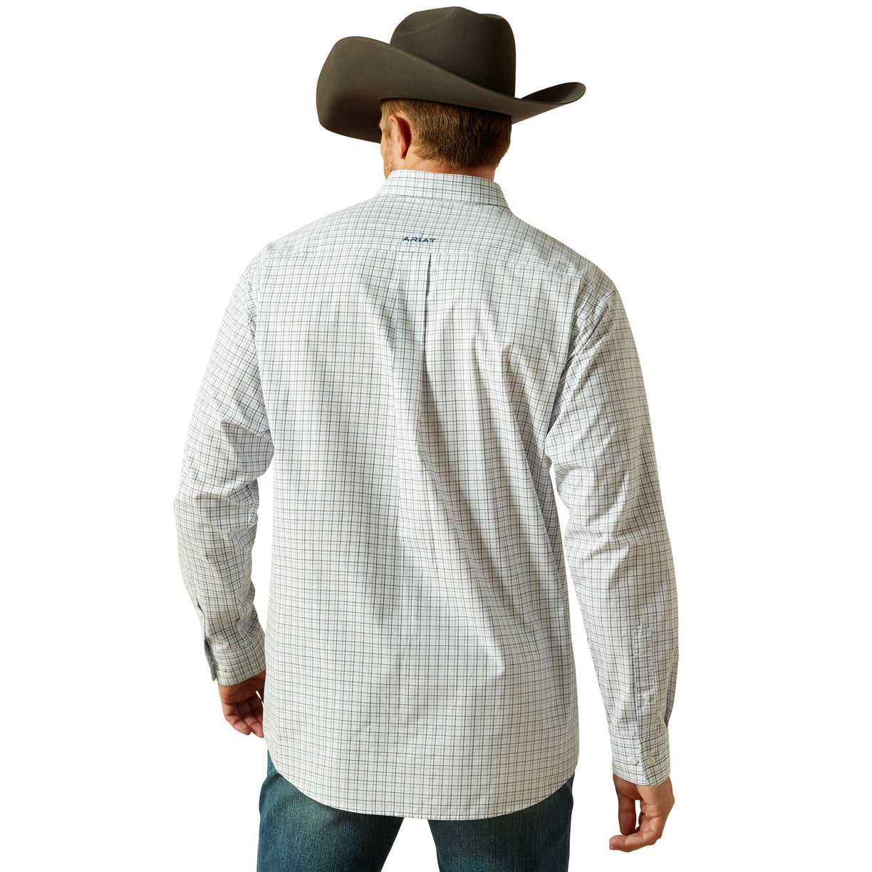 Man wearing a checkered shirt and cowboy hat on a white background