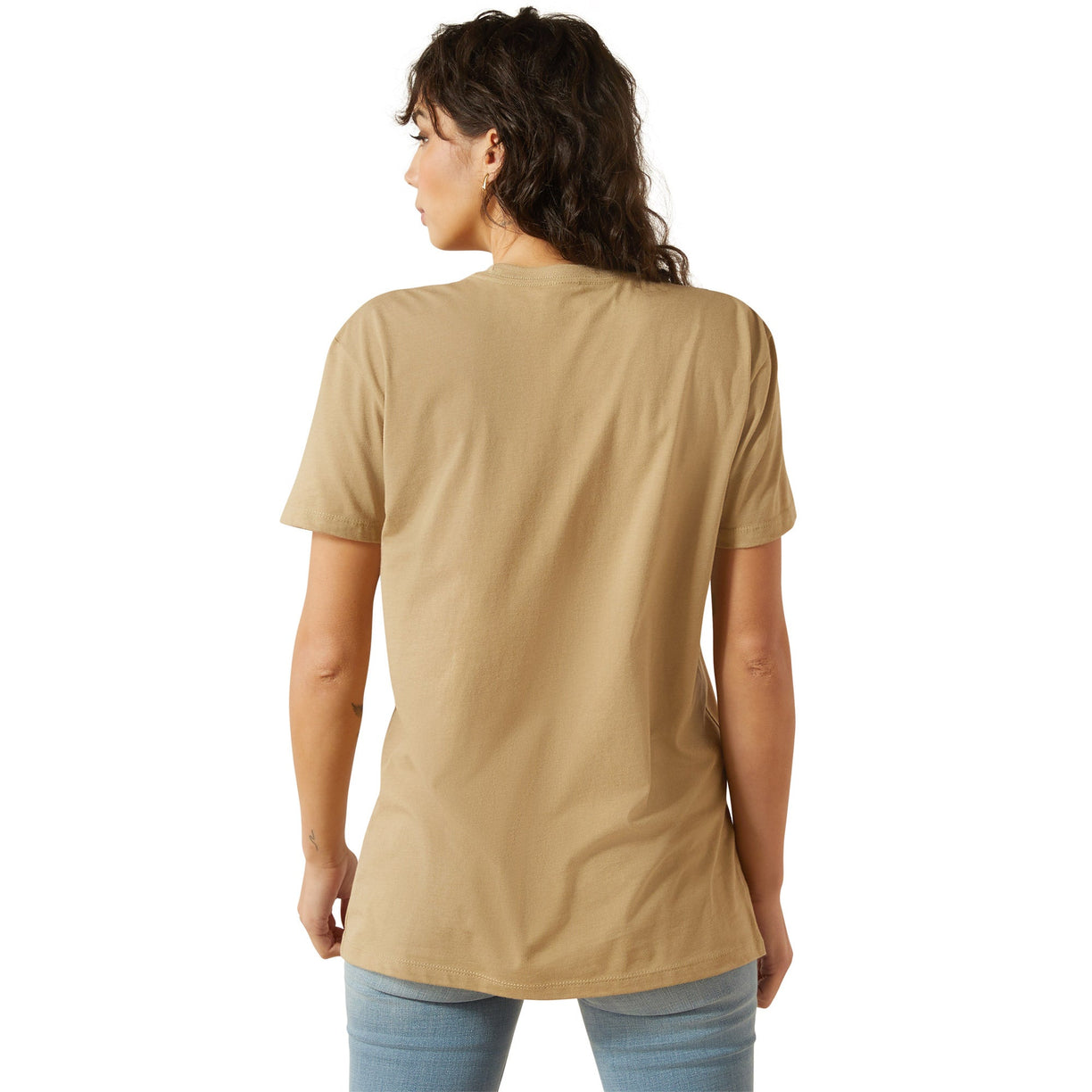 Woman wearing a beige t-shirt on a white background