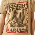 Beige t-shirt with 'Kicking Up Dust' and Ariat graphic design.