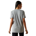 Woman wearing a gray t-shirt on a white background