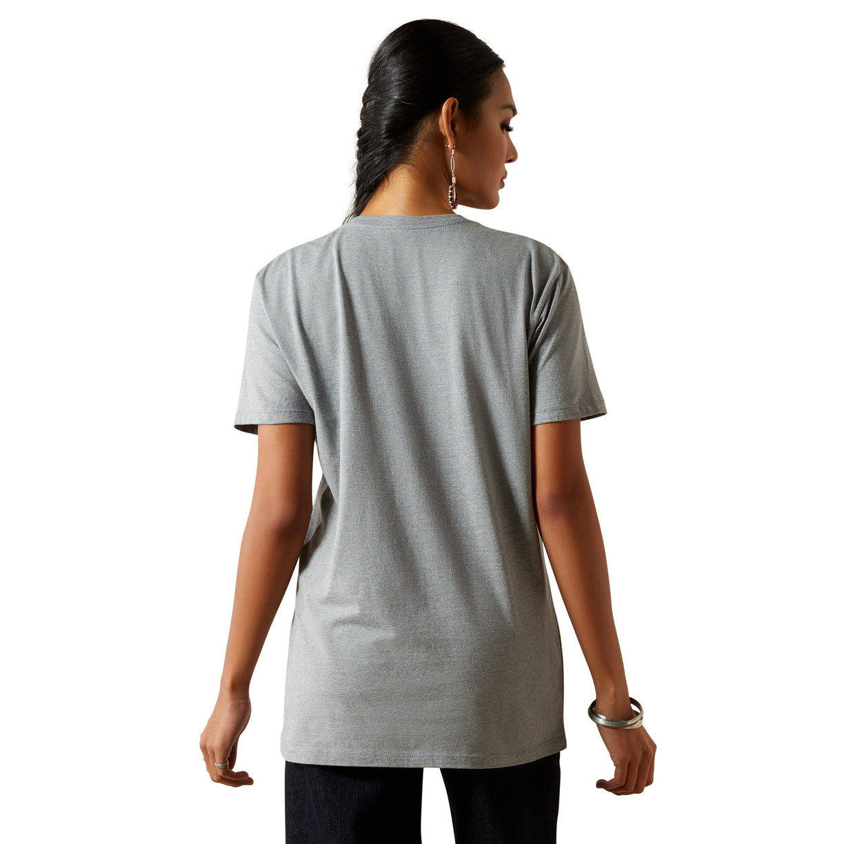 Woman wearing a gray t-shirt on a white background