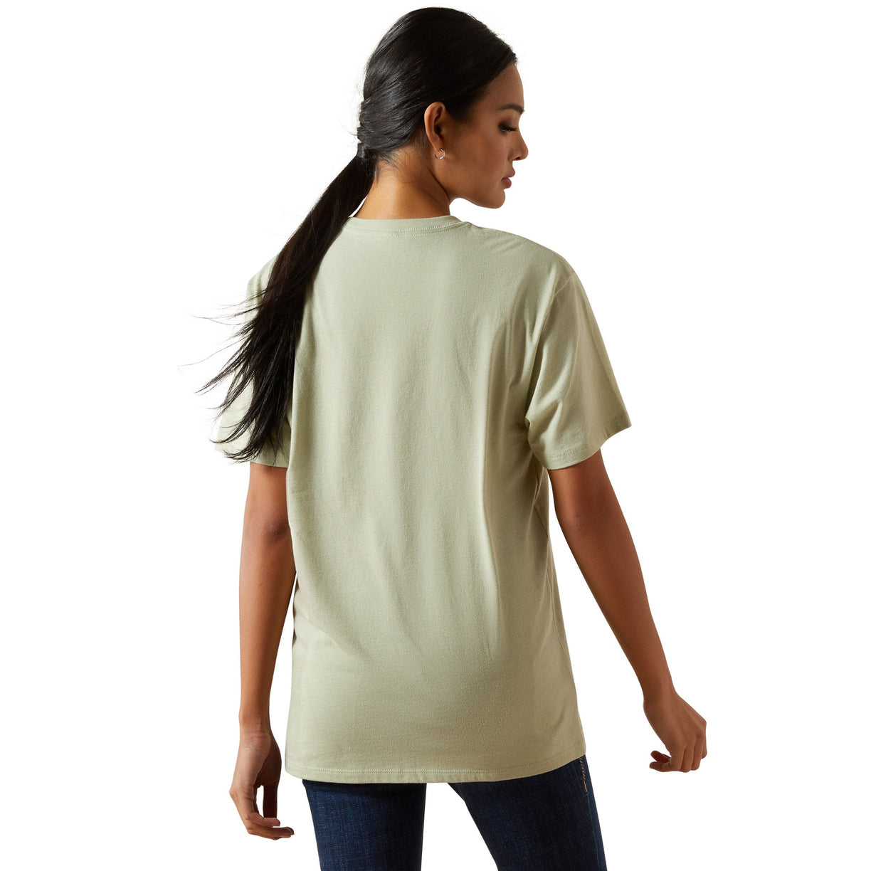 Woman wearing a light green t-shirt on a white background