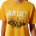 Yellow t-shirt with Ariat logo and tractor graphic on a white background