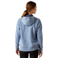 Person wearing a blue hoodie from behind on a white background