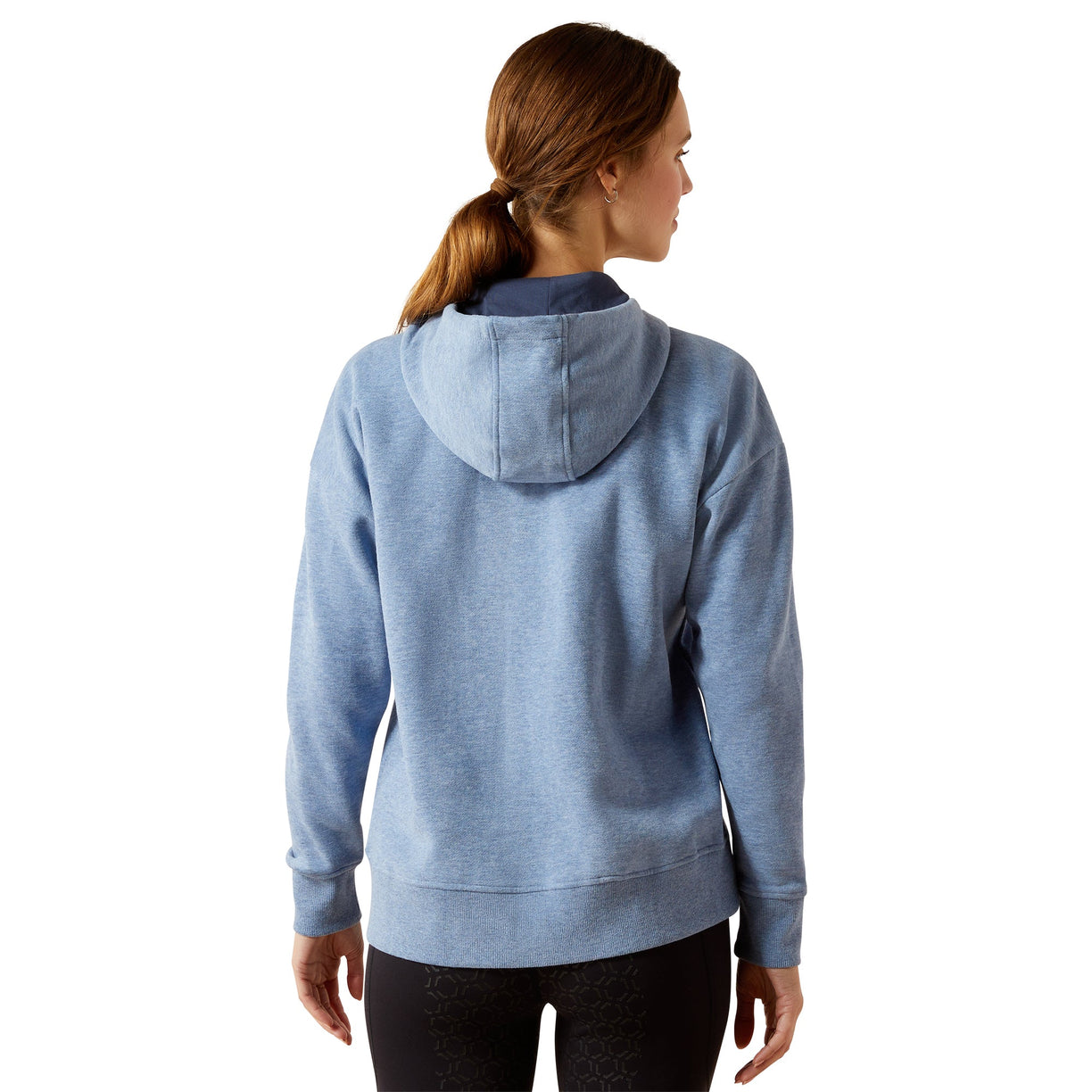 Person wearing a blue hoodie from behind on a white background