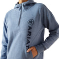 Gray hoodie with a logo and text on a white background