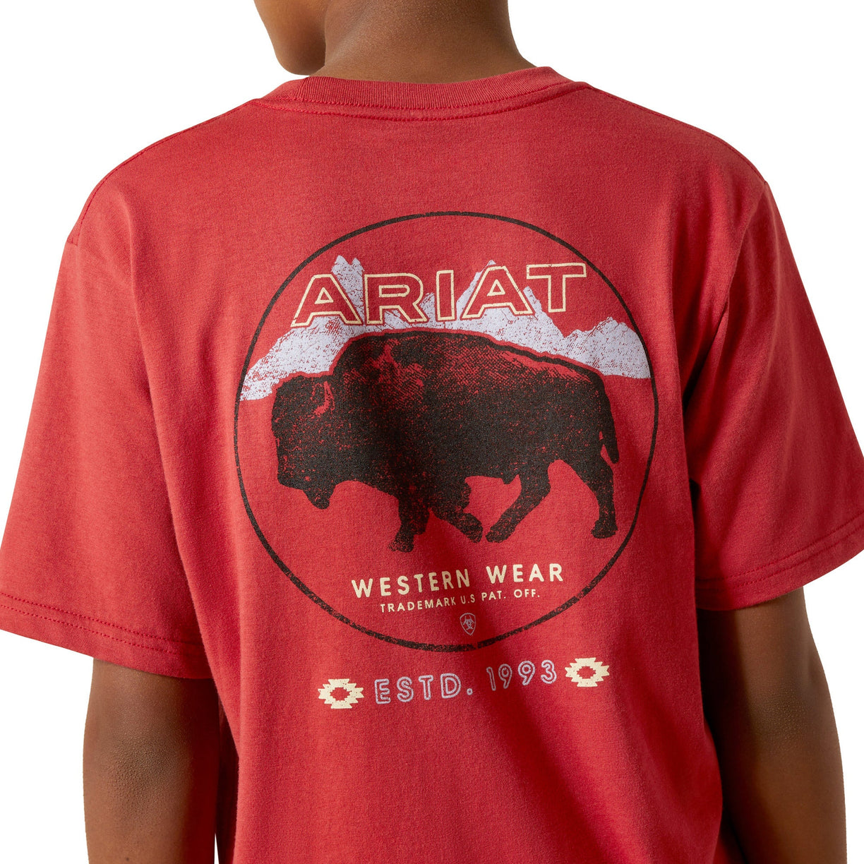 Red t-shirt with Ariat logo and bison graphic on a white background