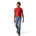 Person wearing a red shirt and blue jeans on a white background