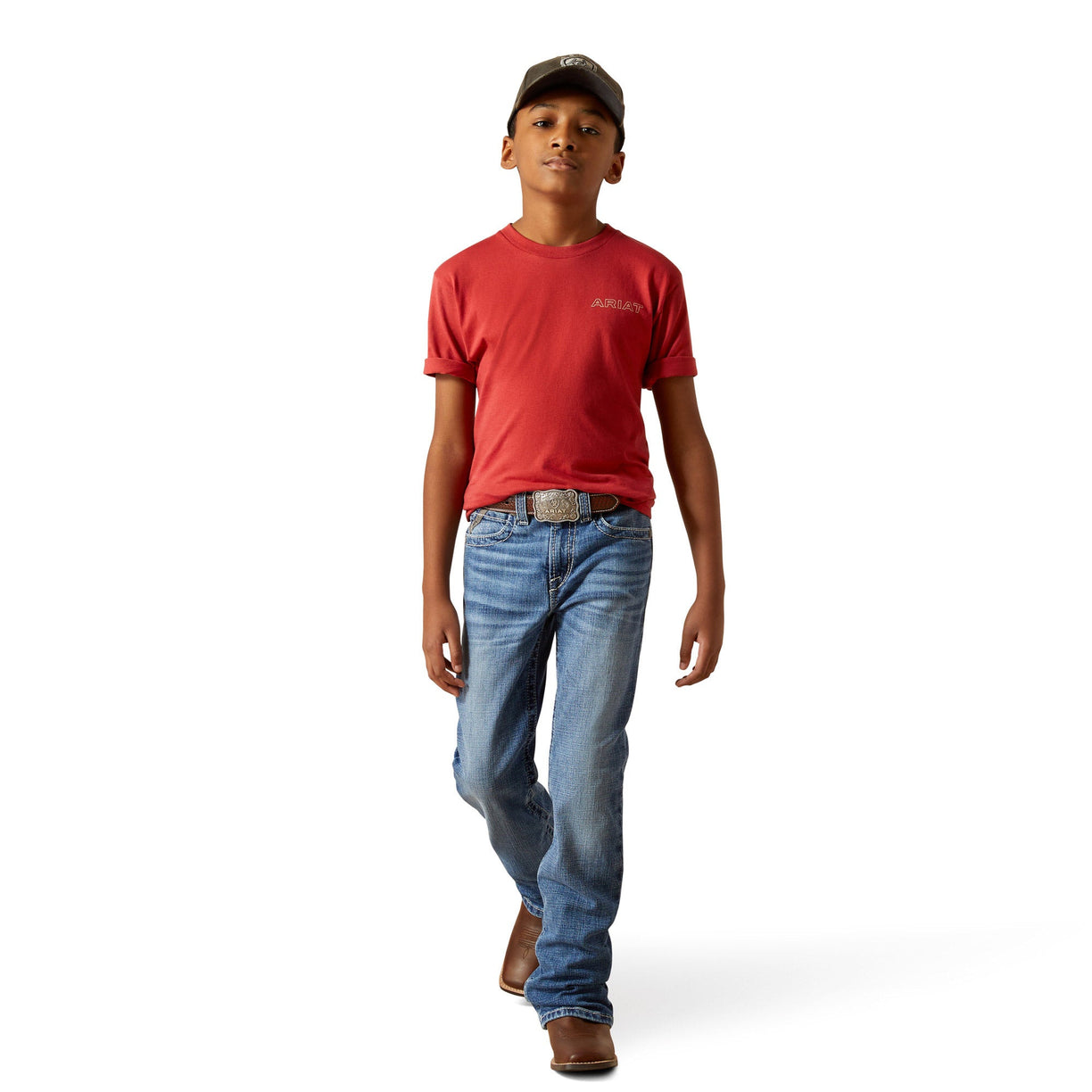 Person wearing a red shirt and blue jeans on a white background