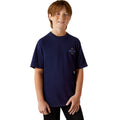 Child wearing a navy blue t-shirt with a logo on a white background