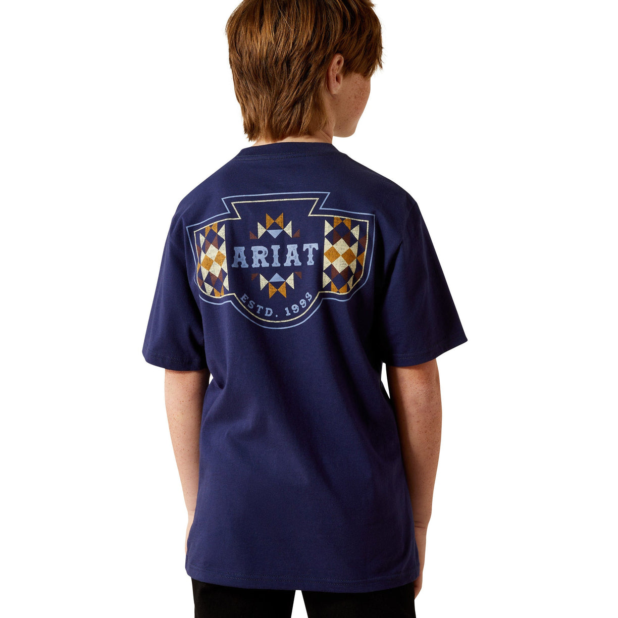 Person wearing a navy blue Ariat t-shirt with a geometric pattern on the back.