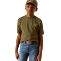 Child wearing an olive green Ariat t-shirt and blue jeans on a white background