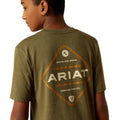 Child wearing a green Ariat t-shirt with branding on the back