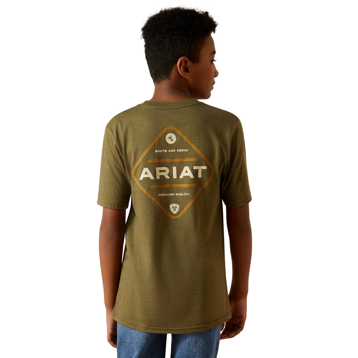 Person wearing a green Ariat t-shirt on a white background