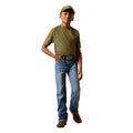 Person wearing a green t-shirt, blue jeans, and a cap on a white background