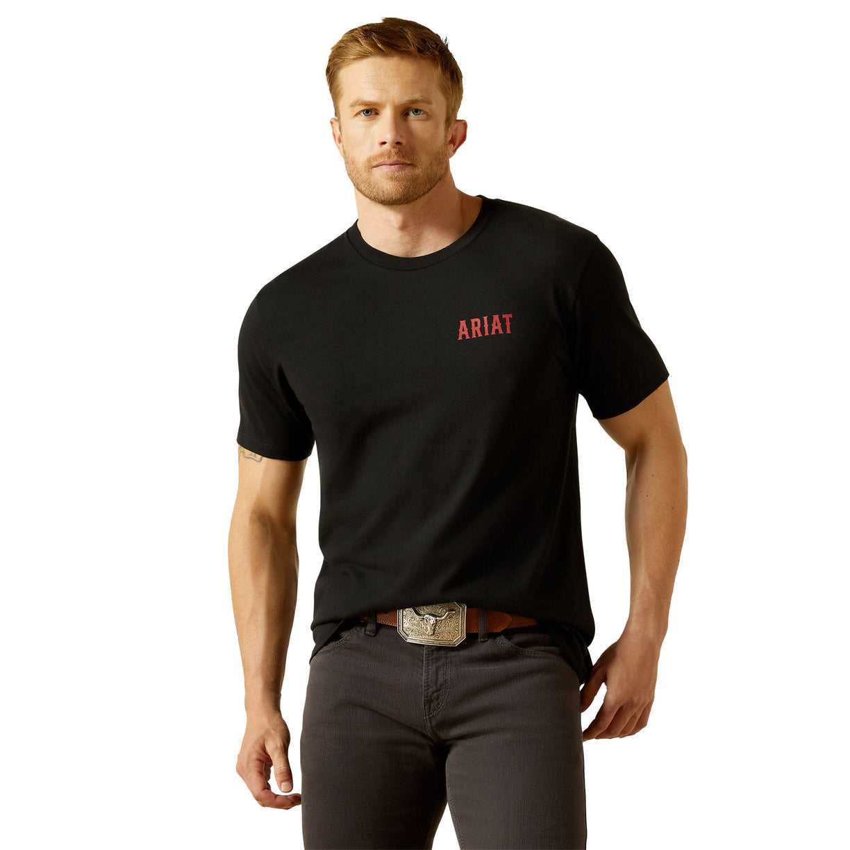 Man wearing a black t-shirt with 'Ariat' logo on a white background