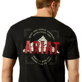 Man wearing a black t-shirt with Ariat logo and branding on the back