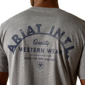 Gray t-shirt with 'Ariat' branding on the back, featuring text about western wear.