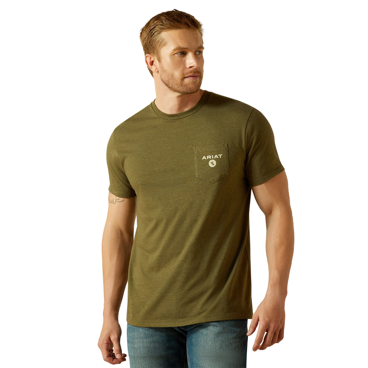 Man wearing an olive green t-shirt with a brand logo on a white background