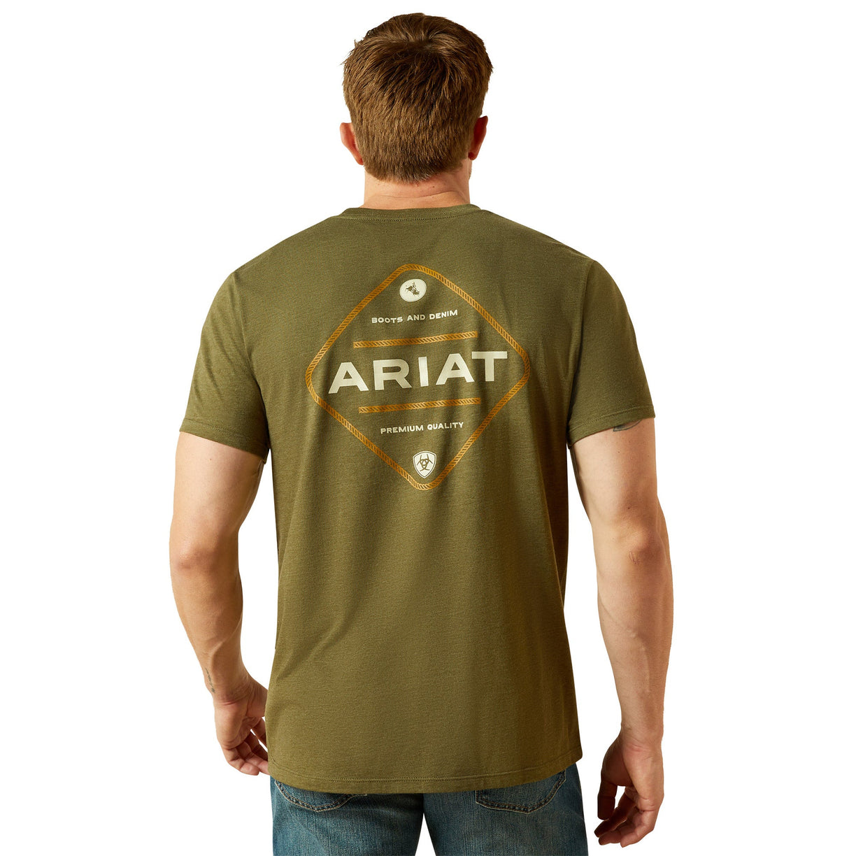 Man wearing a green Ariat t-shirt on a white background