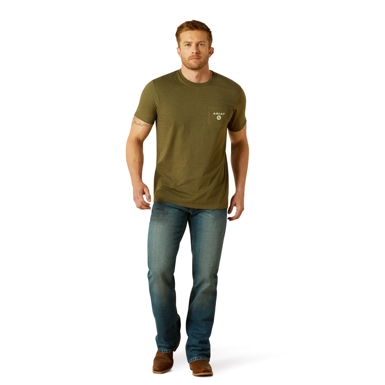 Man wearing a green t-shirt and blue jeans on a white background