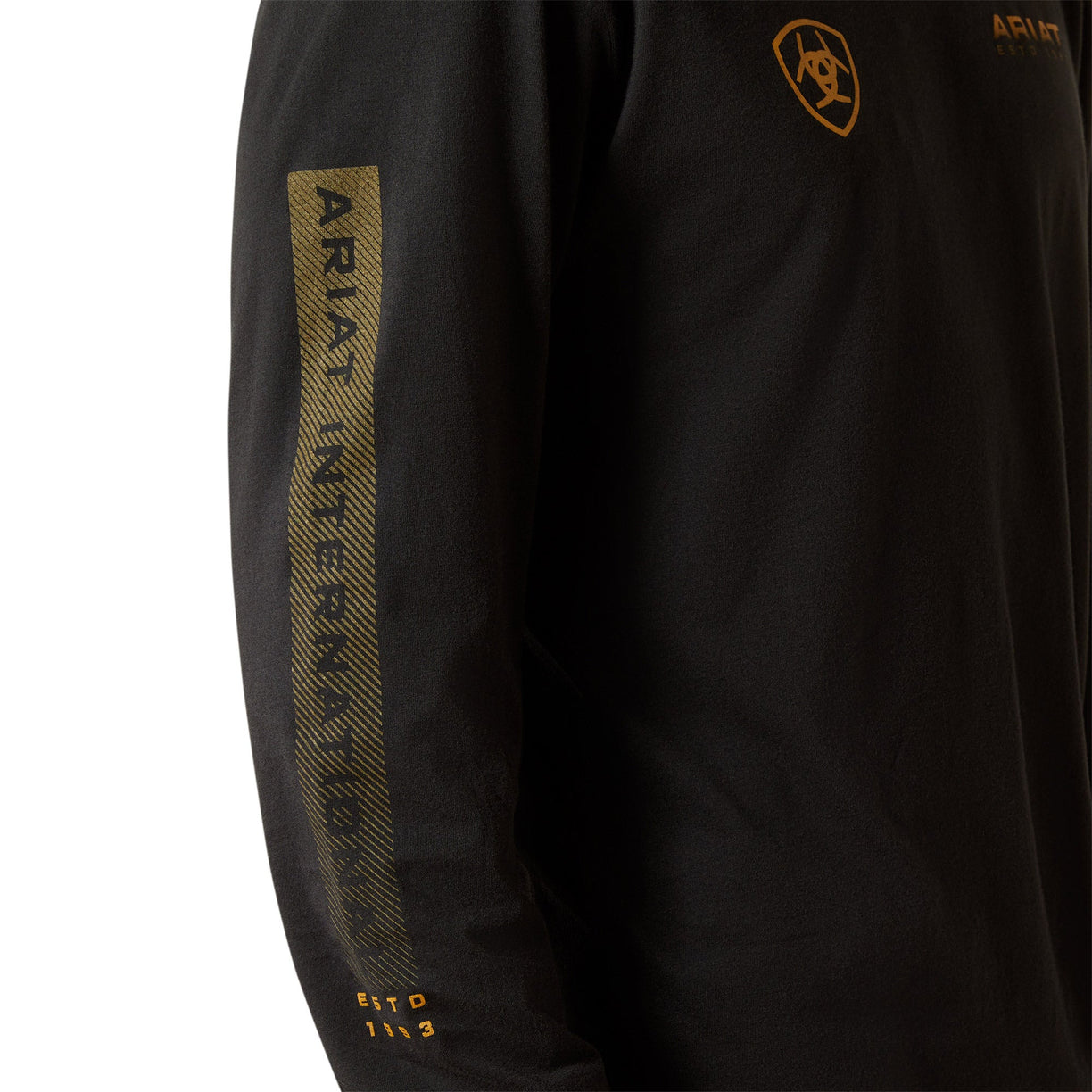 Black long-sleeve shirt with gold text and logo on a white background