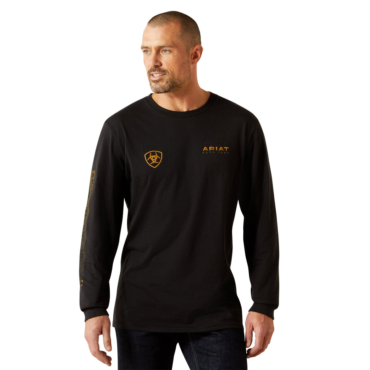 Man wearing a black long-sleeve shirt with a logo on a white background