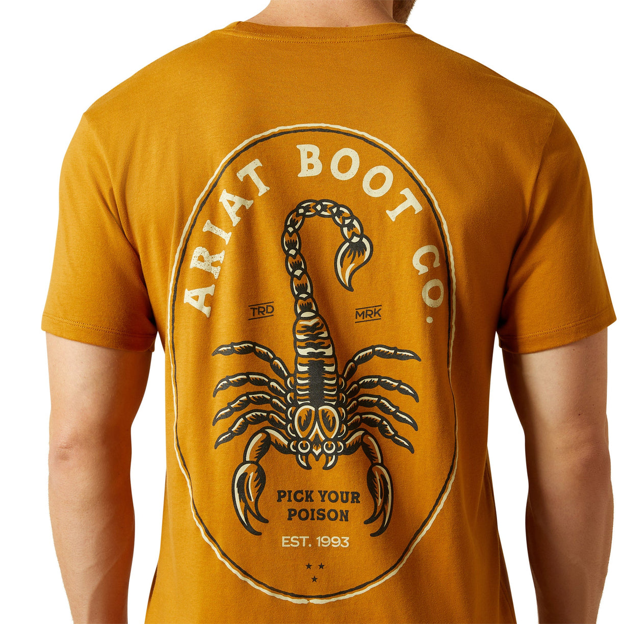 Yellow t-shirt with scorpion graphic and 'Ariat Boot Co.' text on a white background