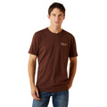 Man wearing a brown t-shirt with a logo on a white background