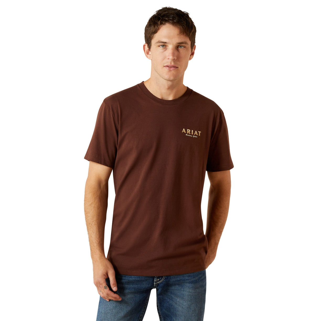 Man wearing a brown t-shirt with a logo on a white background