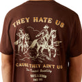 Brown t-shirt with graphic design and text on the back
