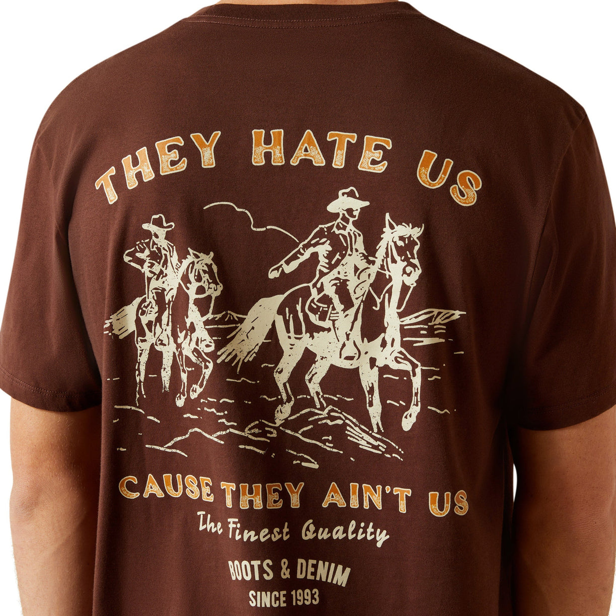 Brown t-shirt with graphic design and text on the back
