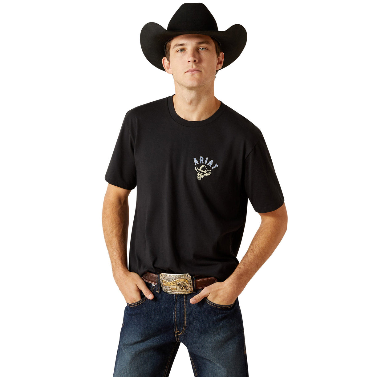 Man wearing a black t-shirt with a logo and a cowboy hat on a white background