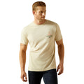 Man wearing a beige t-shirt with a logo on a white background