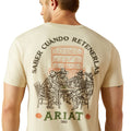 Beige t-shirt with graphic design and text on the back, featuring the brand 'Ariat'.