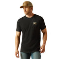 Man wearing a black t-shirt with Ariat logo and a brown cap on a white background