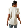 Woman wearing a beige t-shirt on a white background