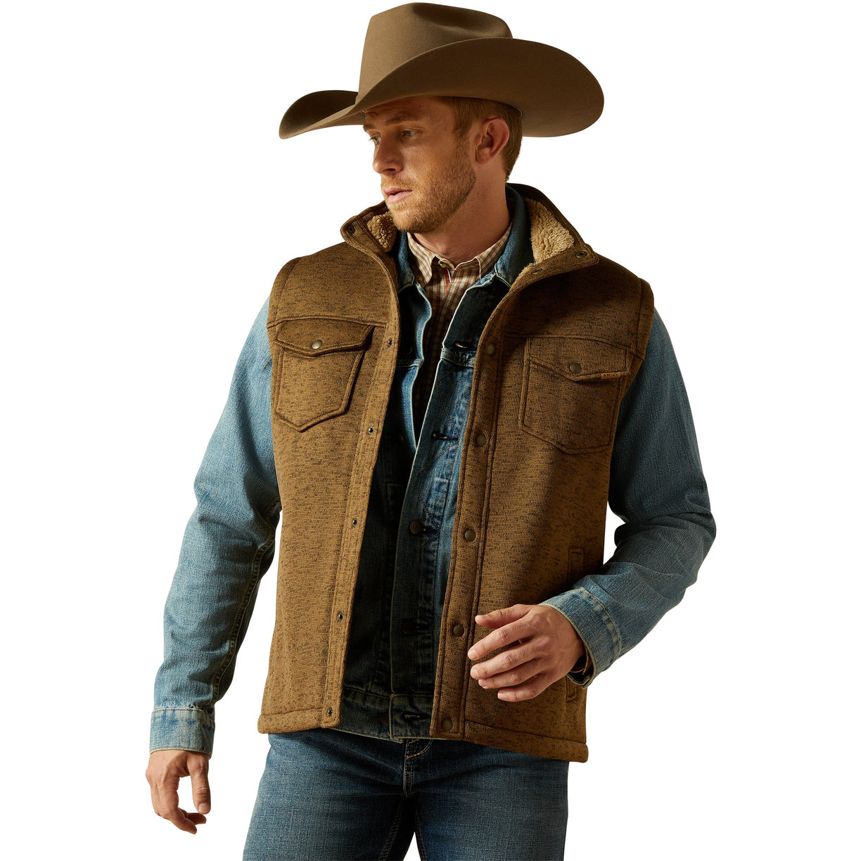 Man wearing a brown vest, blue shirt, and cowboy hat on a white background